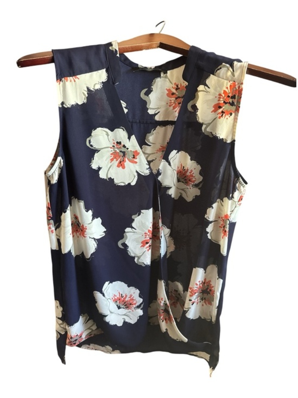 Ivanka Trump Navy Floral Sleeveless V-Neck Wrap Around Loose Fit Blouse Office
